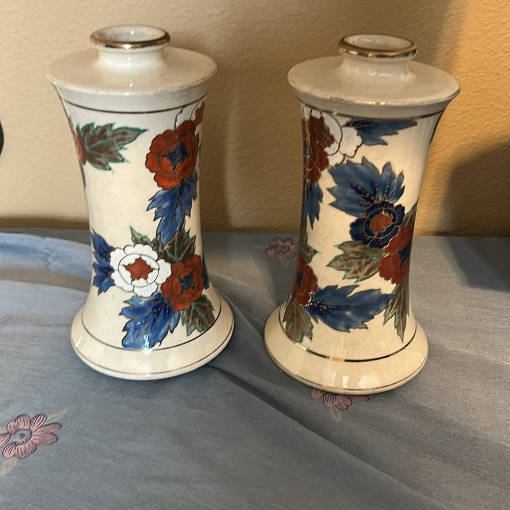 Vintage pair of Japanese Floral Ceramic Vase Off White With Gold Trim